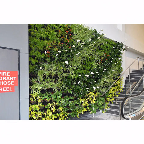 Green living wall with plants in an indoor setting, featuring a staircase and a fire exit sign.