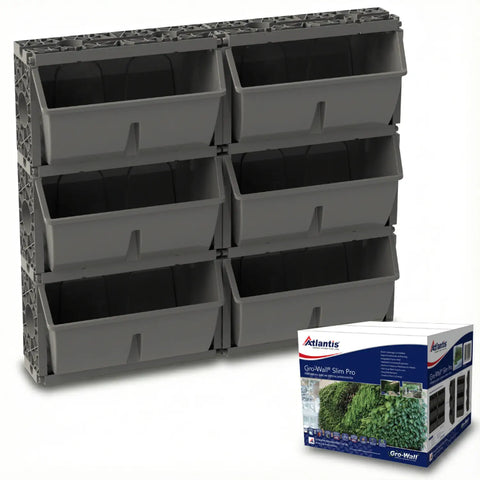 Stack of gro wall slim pro planters with Atlantis packaging on a white background