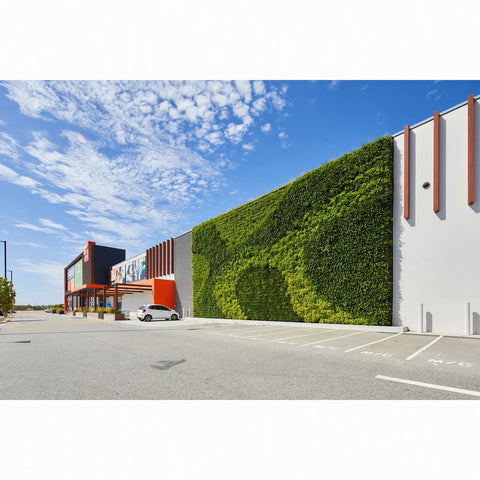 Building exterior with green wall and clear blue sky