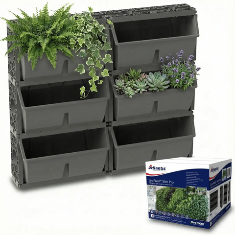 wall-mounted slim pro pots with plants and Atlantis Slim Pro packaging on a white background