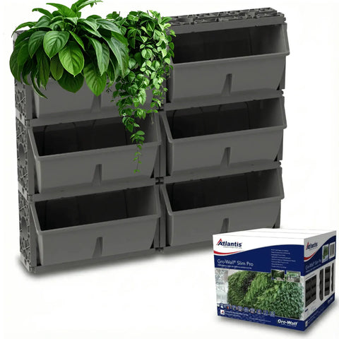 Gro wall slim pro vertical planters with green plants and Atlantis Growall Slim Pro packaging on a white background