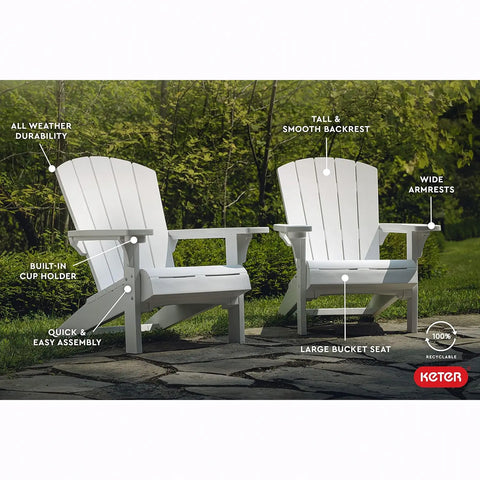 Two white Adirondack chairs with features highlighted on a natural background