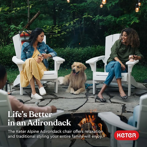 Two women sitting in Keter Adirondack chairs with a dog by a fire pit, surrounded by nature.