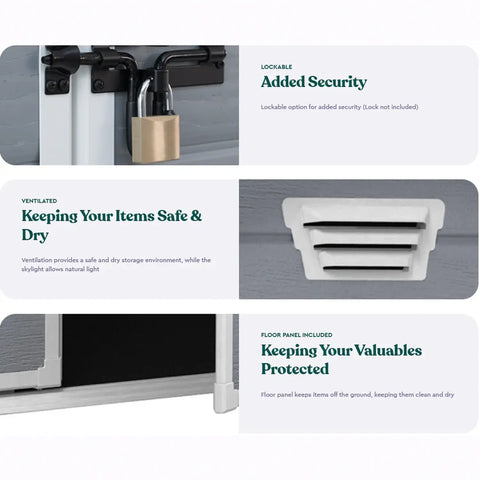 Storage shed with lockable feature, ventilation system, and floor panel for security and safety.