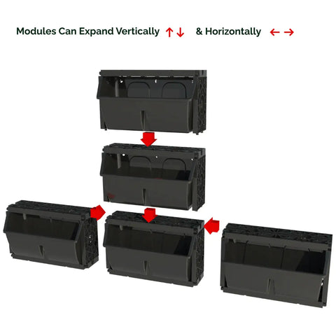 Gro wall slim pro vertical planters with directional arrows indicating vertical and horizontal expansion on a white background.