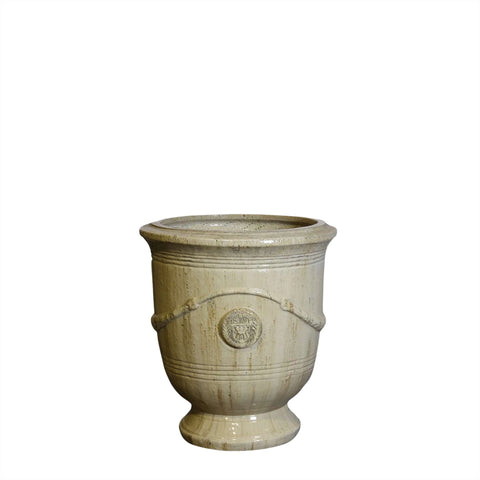 small sand glazed french urn with a logo on a white background