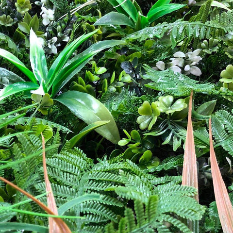 close up of the foliage of the Wild Tropics Artificial Vertical Garden Panel
