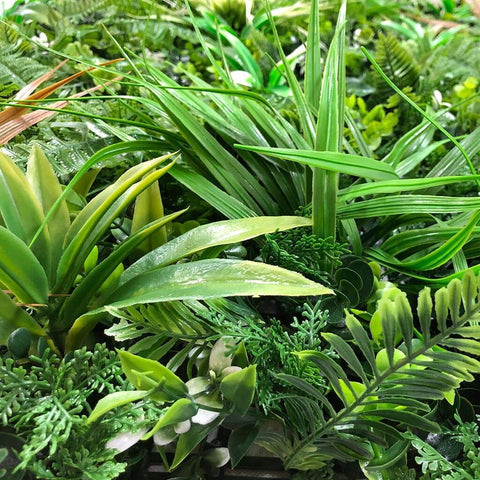 Close up highly detailed view of the foliage on the Wild Tropics Artificial Vertical Garden Panel