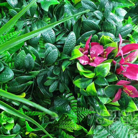 Close Up Foliage and Pink Flower of the Artificial Pink Tropics Vertical Garden Panel 1m x 1m UV Stabilised