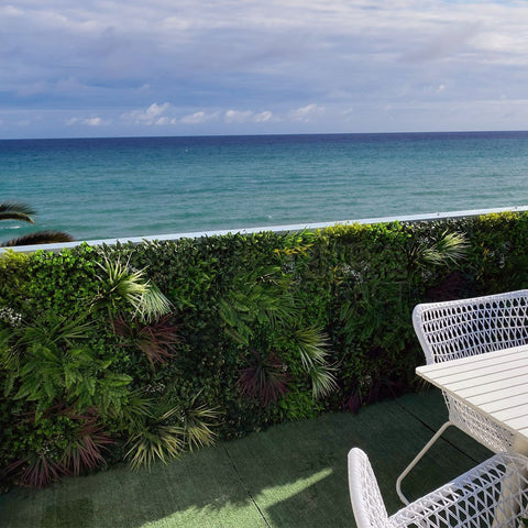 Artificial Premium Fern & Grass Vertical Garden installed on a rooftop balcony overlooking the beach