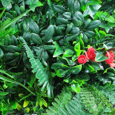 Close Up Foliage Of Artificial Red Tropics Vertical Garden Panel 1m x 1m UV Stabilised