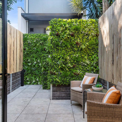 Artificial Vista Green Recycled Vertical Garden Panel Installed On a Patio Wall