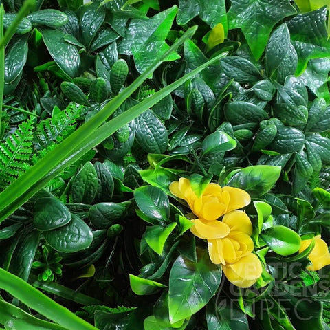 Close Up Of Foliage and Flowers Of The Artificial Yellow Tropics Vertical Garden Panel 1m x 1m UV Stabilised