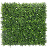 Image of An artificial buxus green wall panel with small white leaves designed to resemble a natural hedge with leaves and flowers, UV stabilised for outdoor use.