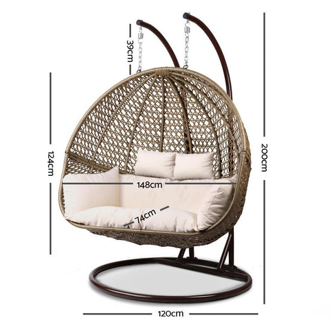 Gardeon Outdoor Double Hanging Egg Chair Swing - Brown