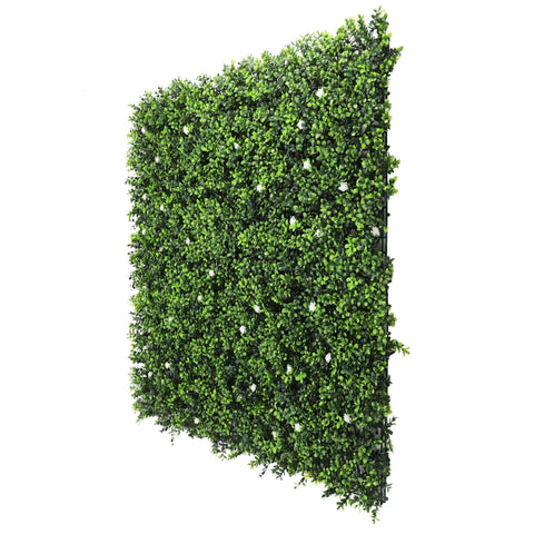 angled side view of the artificial flowering buxus hedge panel